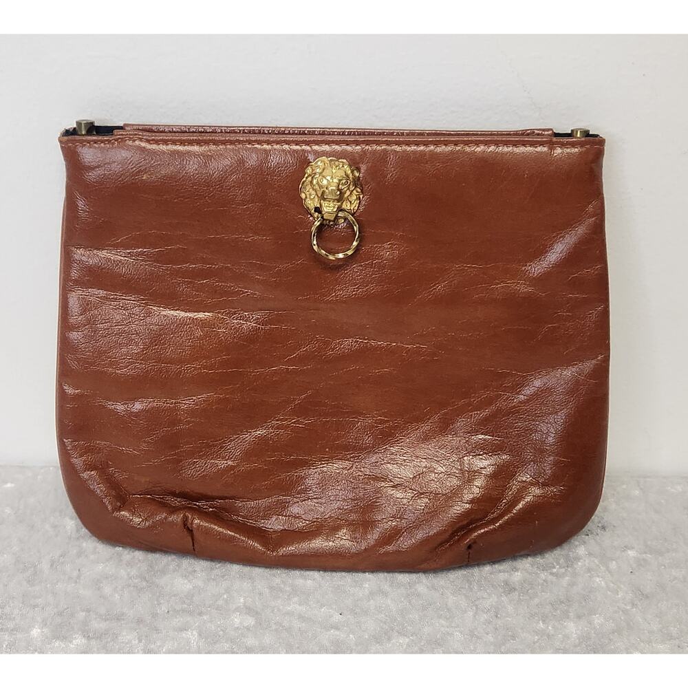 Vintage RUTH SALTZ  Women Brown Leather w Lion Head Detail Clutch